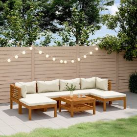 7 Piece Patio Lounge Set with Cream Cushion Solid Acacia Wood