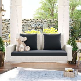 2-Person Wicker Hanging Porch Swing with Chains; Cushion; Pillow; Rattan Swing Bench for Garden; Backyard; Pond (Color: White)