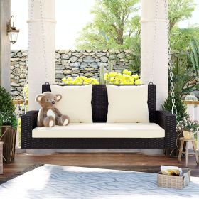 GO 2-Person Wicker Hanging Porch Swing with Chains, Cushion, Pillow, Rattan Swing Bench for Garden, Backyard, Pond. (Brown Wicker, Beige Cushion) (Color: as Pic)
