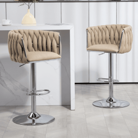 360 Fabric Cover Swivel Bar Stools Set Of 2, Adjustable Counter Height Bar Chairs With Woven Back & Footrest, Silver Chromed Bar Stools For Kitch (Color: yellow)